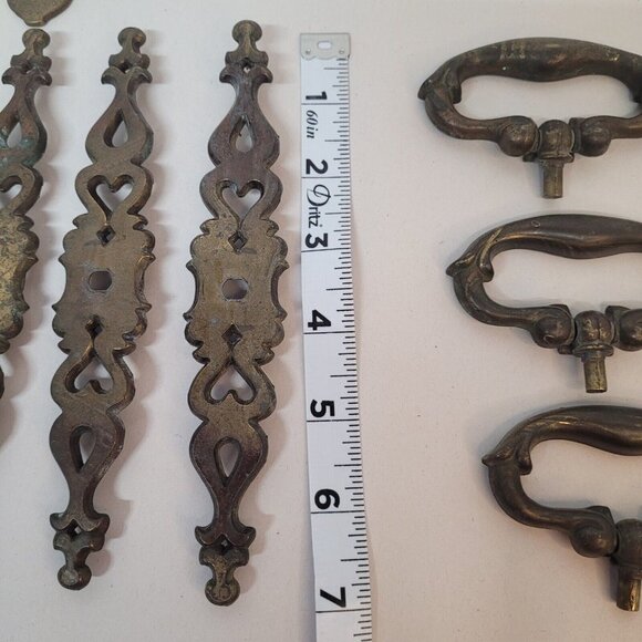 Vintage Metal Brass Hardware Drawer Pulls & Covers 14 Pc Set w Brackets - Picture 9 of 9